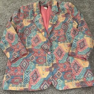 Vintage CAC Blazer Jacket 80s 90s‎ Geometric Print Cotton Blend Size 18